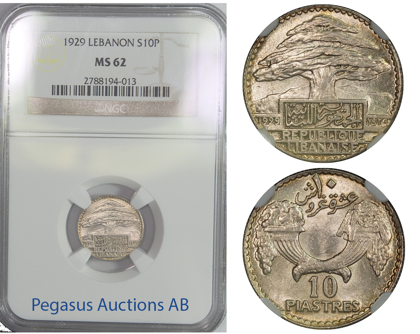 B64, Lebanon, 10 Piastres 1929, Silver, NGC MS62