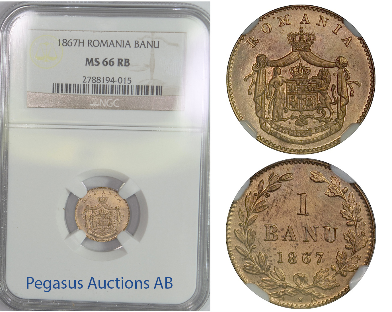B68, Romania, Carol I, Banu 1867-H, Heaton, NGC MS66RB
