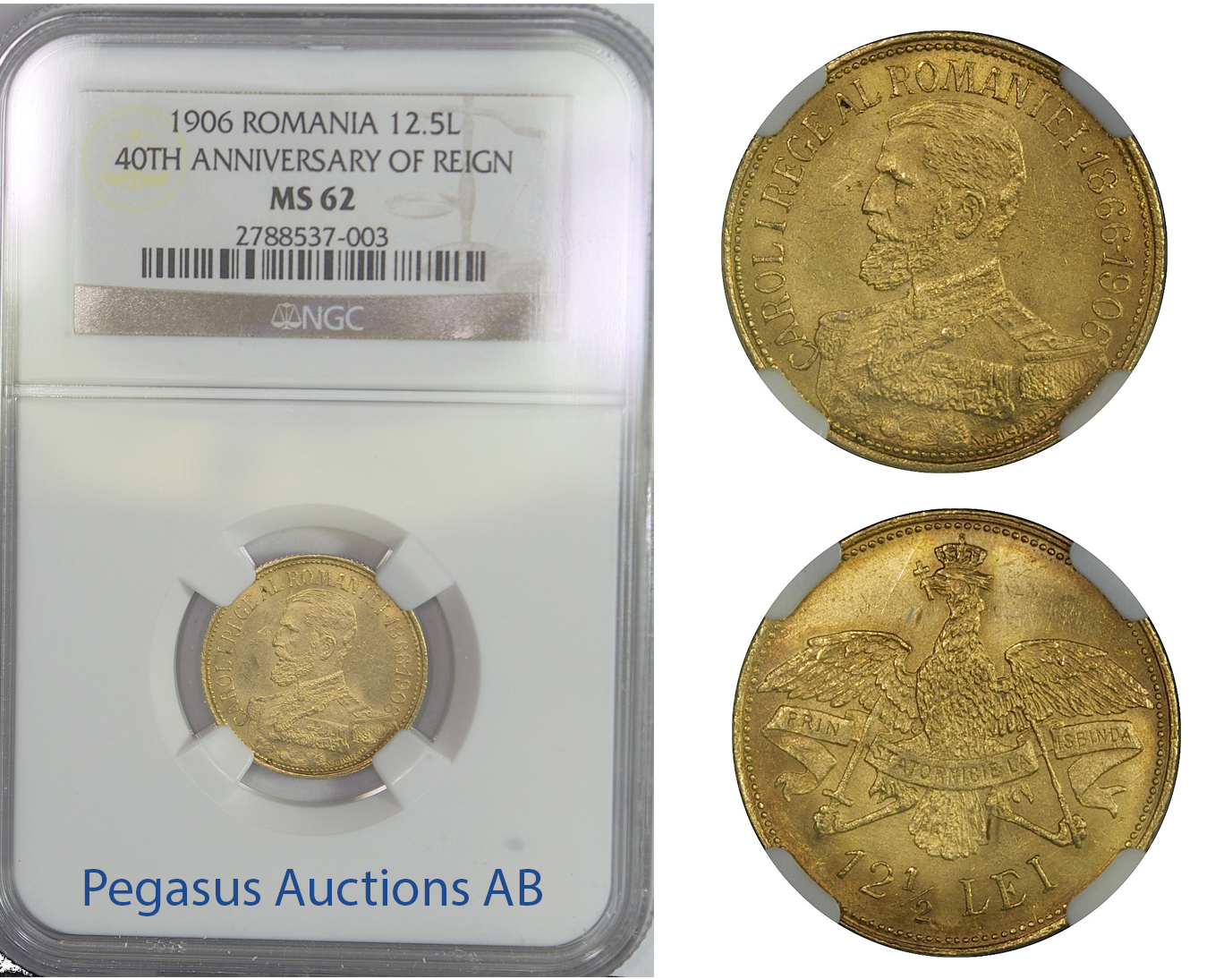 B72, Romania, Carol I, 12-1/2 Lei 1906, Brussels, Gold, NGC MS62