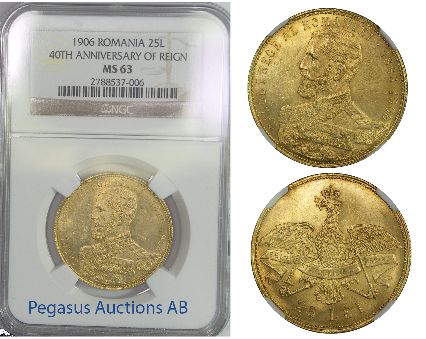 B74, Romania, Carol I, 25 Lei 1906, Brussels, Gold, NGC MS63