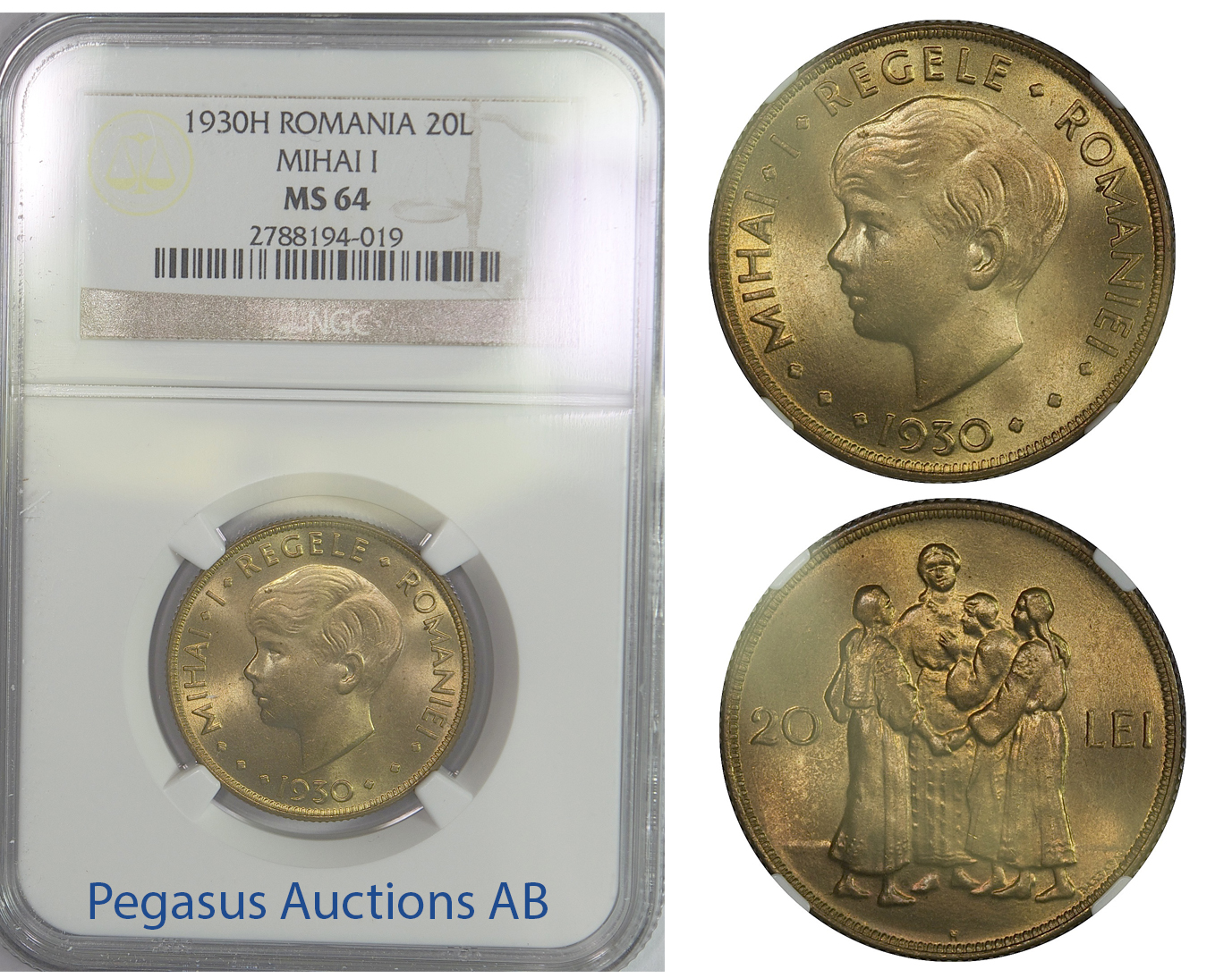 B77, Romania, Mihai I, 20 Lei 1930, London, NGC MS64