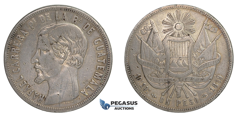 E96, Guatemala, Peso 1859, Silver, Scratched & Bent!