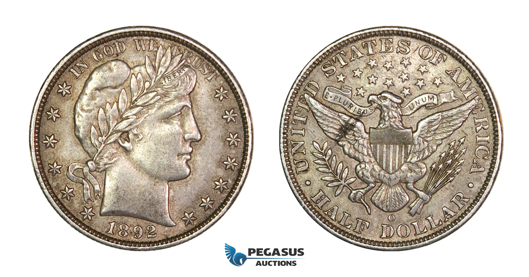 G44, United States, Barber Half Dollar (50 Cents) 1892-O, New Orleans, Silver, Nice & Toned, RARE!