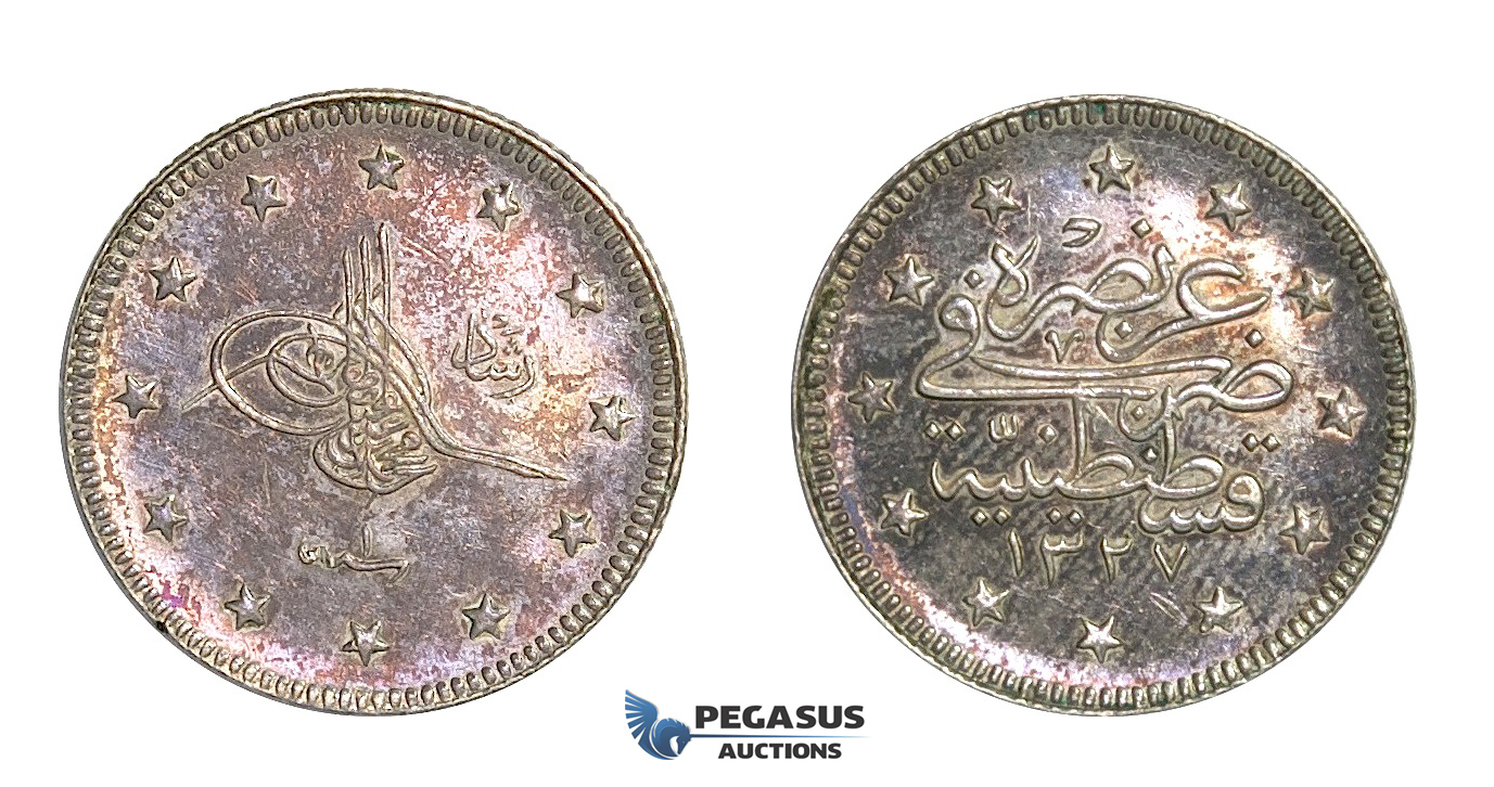 H27, Ottoman Empire, Turkey, Mehmed V, 2 Kurush AH1327/1, Proof!