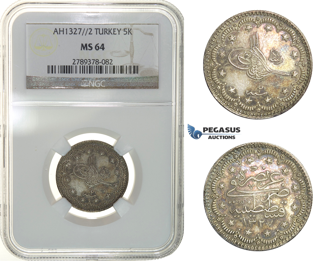 H28, Ottoman Empire, Turkey, Mehmed V, 5 Kurush AH1327/2, Silver, NGC MS64