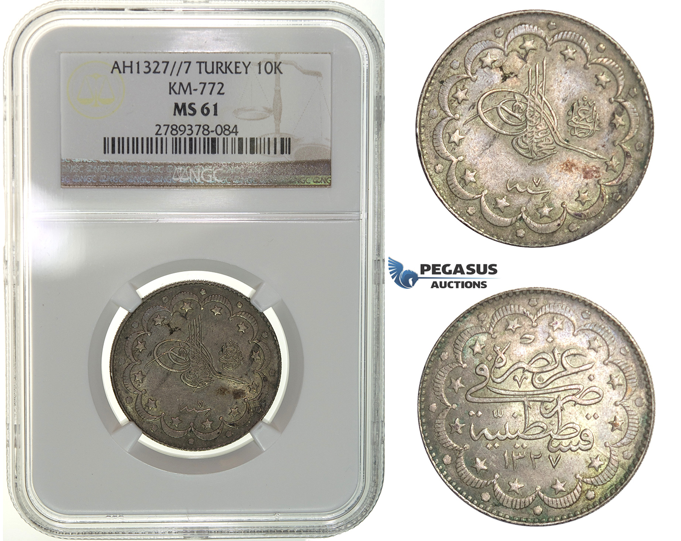 H29, Ottoman Empire, Turkey, Mehmed V, 10 Kurush AH1327/7, Silver, NGC MS61
