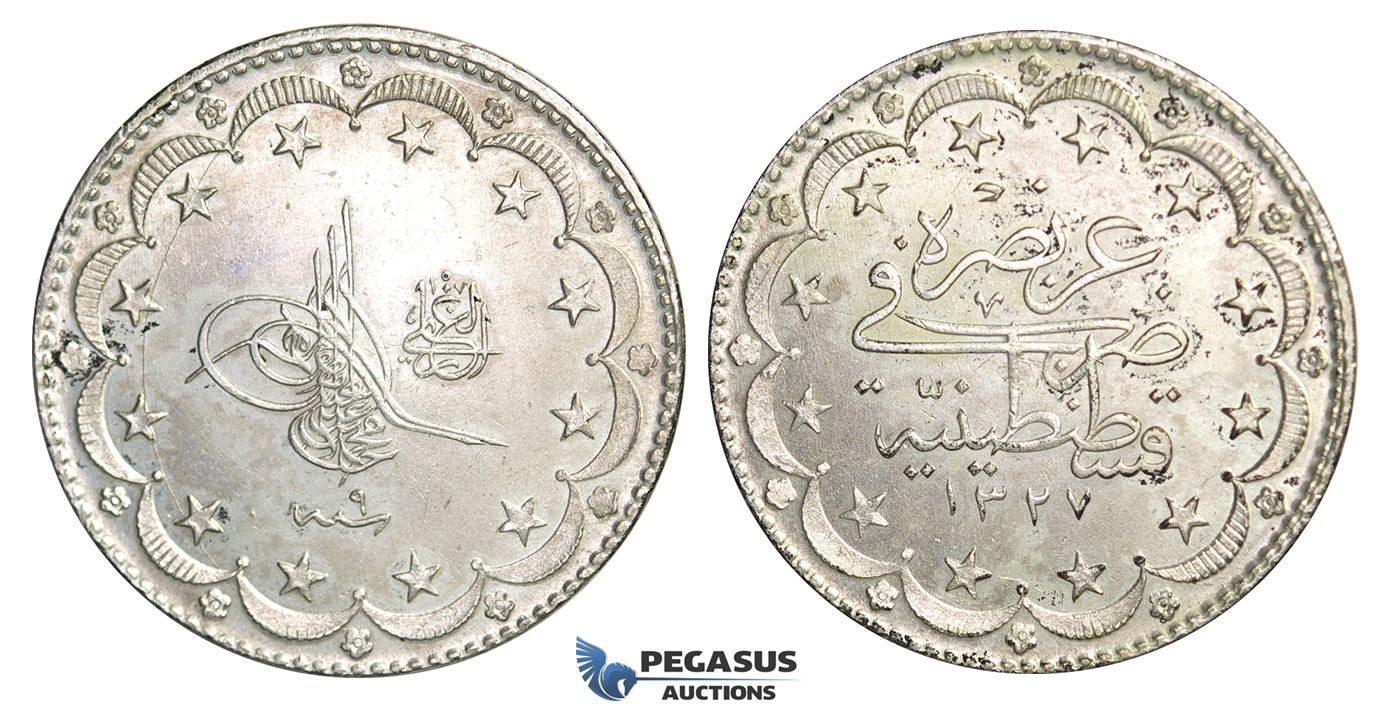 H30, Ottoman Empire, Turkey, Mehmed V, 20 Kurush AH1327/9, Silver, TOP Grade!