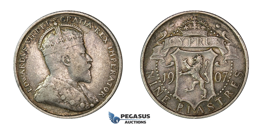 H41, Cyprus, Edward VII, 9 Piastres 1907, Silver, Nice!