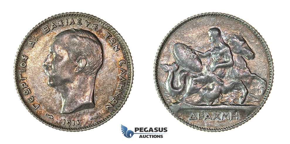 H44, Greece, George I, Drachma 1911, Paris, Silver, Rainbow toned Beauty!