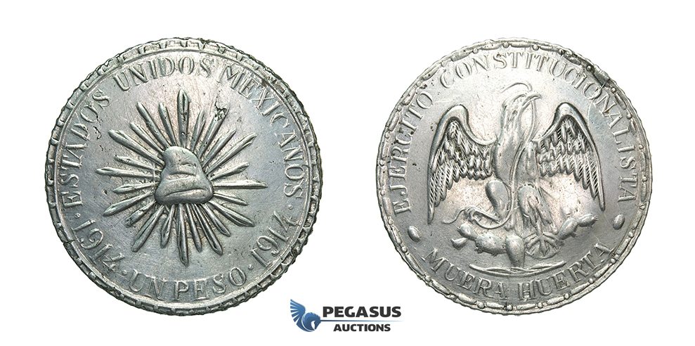 H48, Mexico, Durango, Peso 1914 "Muera Huerta" Silver (20.91g) KM# 622 (Dot-Dash borders) Cleaned