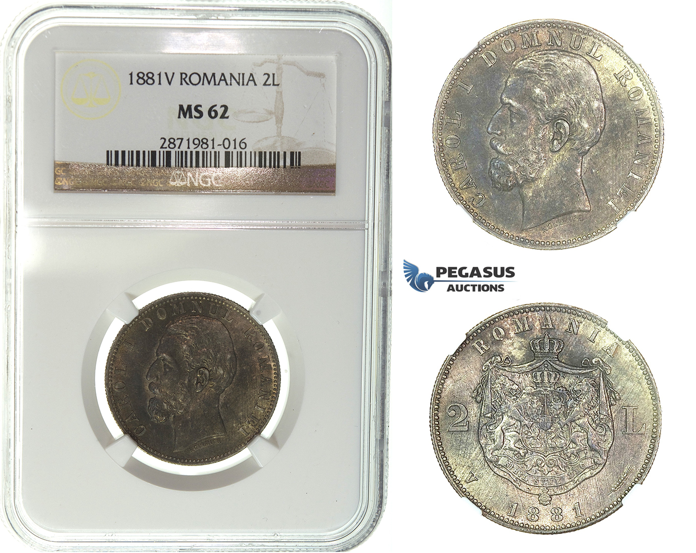 I27, Romania, Carol I, 2 Lei 1881-V, Vienna, Silver, NGC MS62, Very Dark Toning!