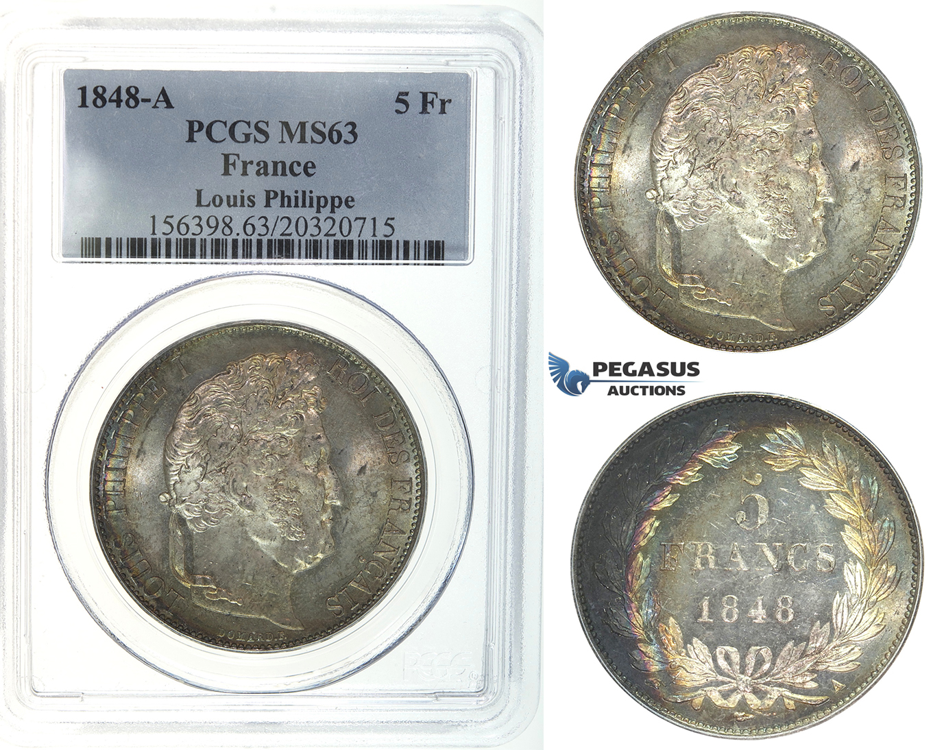 I42, France, Louis Philippe, 5 Francs 1848-A, Paris, Silver, PCGS MS63