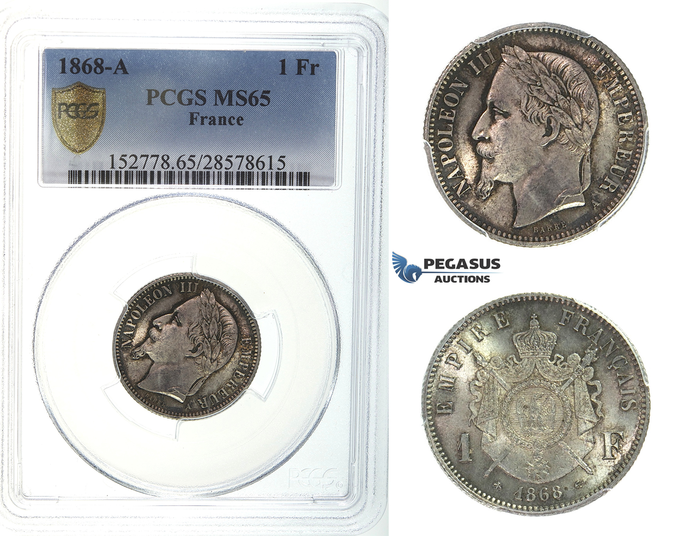 I43, France, Napoleon III, 1 Franc 1868-A, Paris, Silver, PCGS MS65