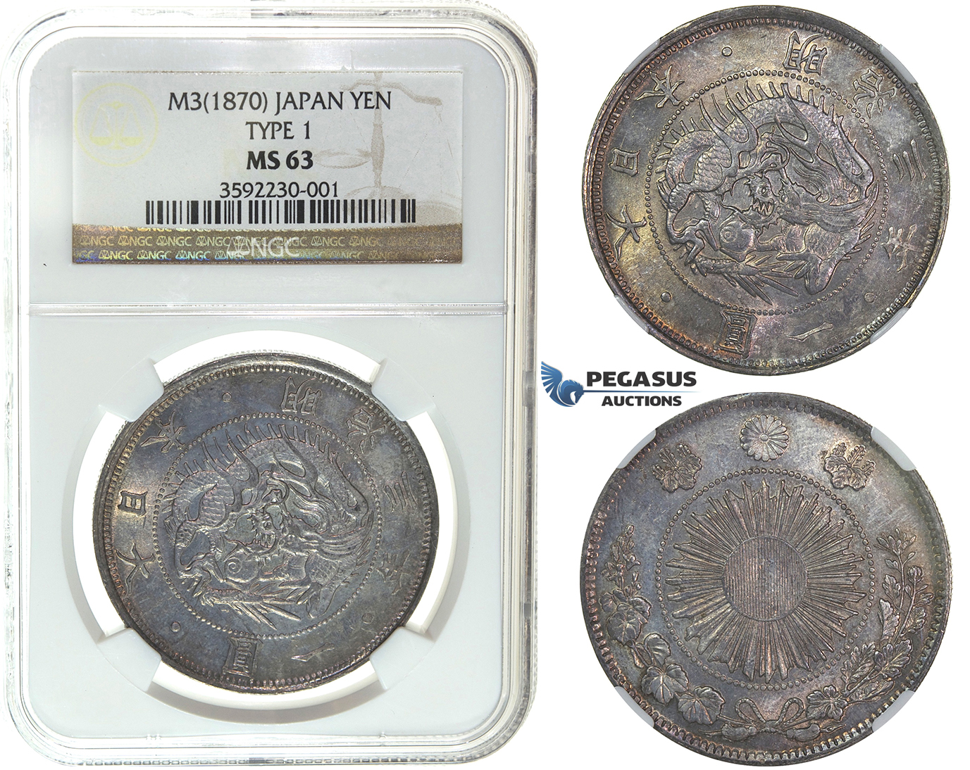 I54, Japan, Meiji, Yen Yr. 3 (1870) Type I, Osaka, Silver, NGC MS63 Dark Toning!