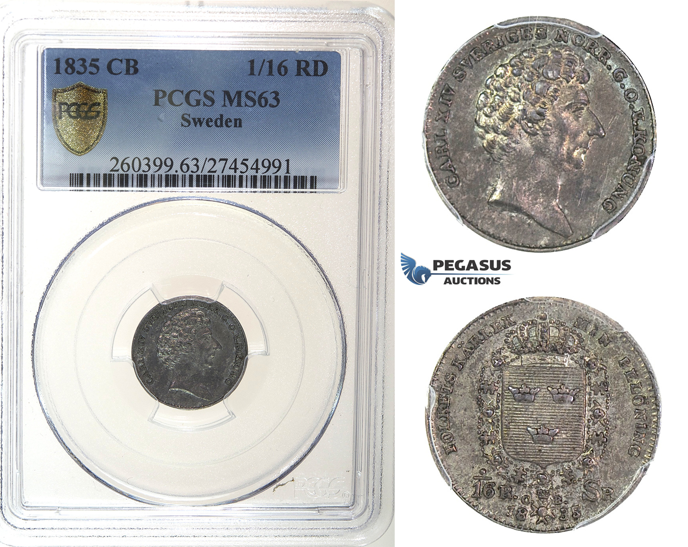 I56, Sweden, Carl XIV, 1/16 Riksdaler Specie, 1835-CB, Stockholm, Silver, PCGS MS63