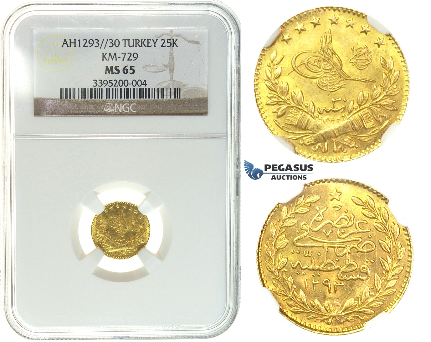 I57, Ottoman Empire, Turkey, Abdülhamid II, 25 Kurush AH1293/30, Gold, NGC MS65 (Pop 1/1)