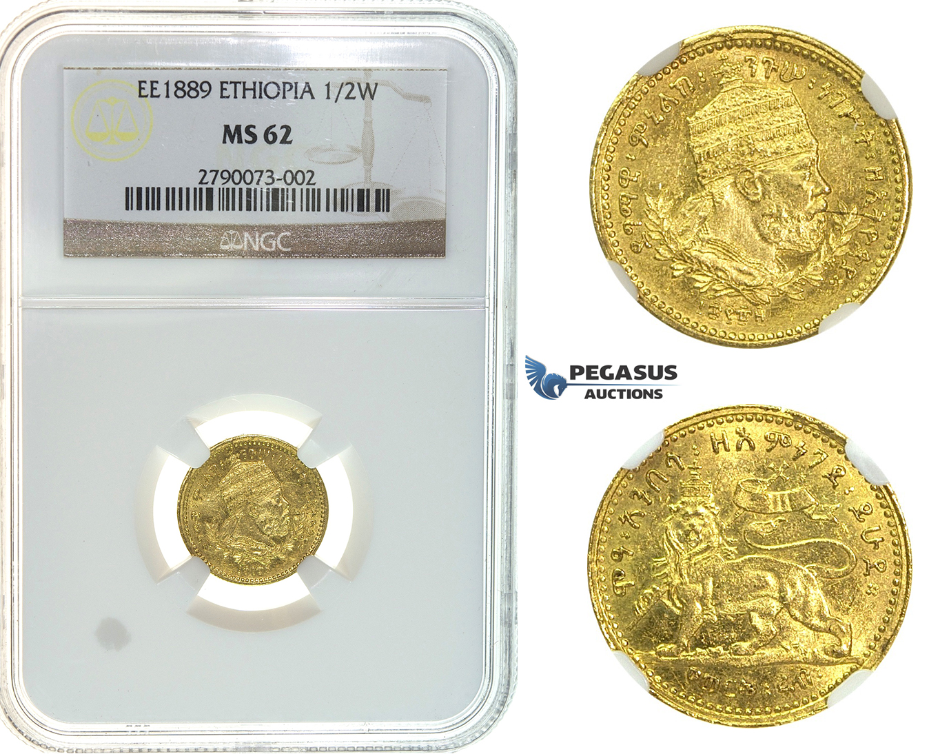 I59, Ethiopia, Menelik II, 1/2 Werk EE1889, Addis Abeba, Gold, NGC MS62