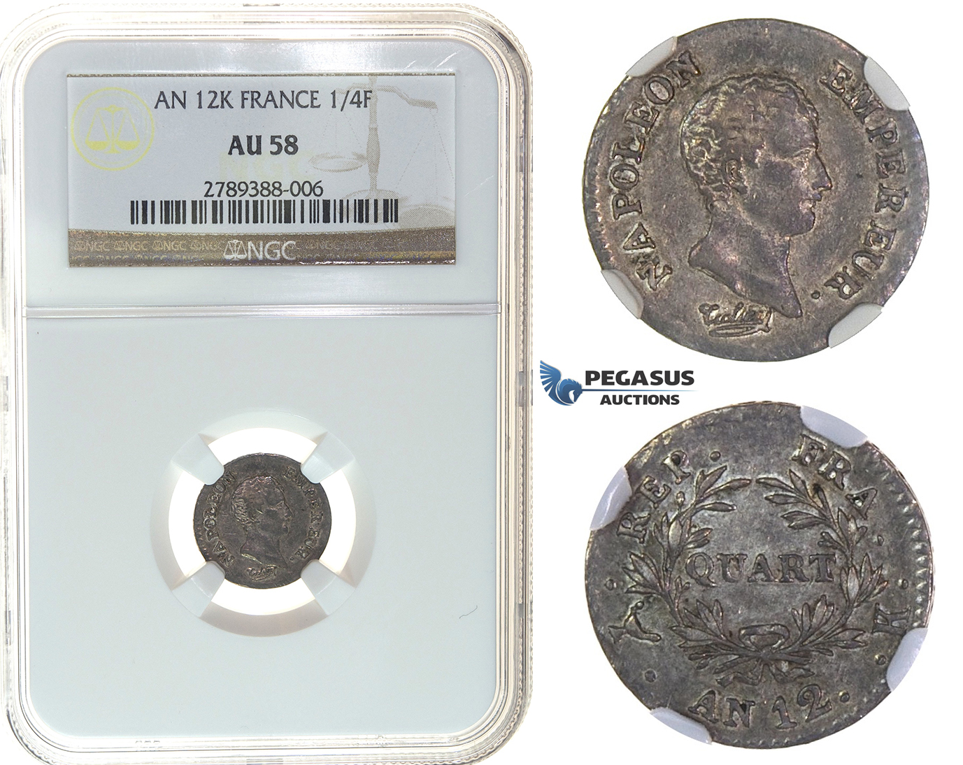 I62, France, Napoleon (Empereur) Quart de Franc AN12-K, Bordeaux, Silver, NGC AU58