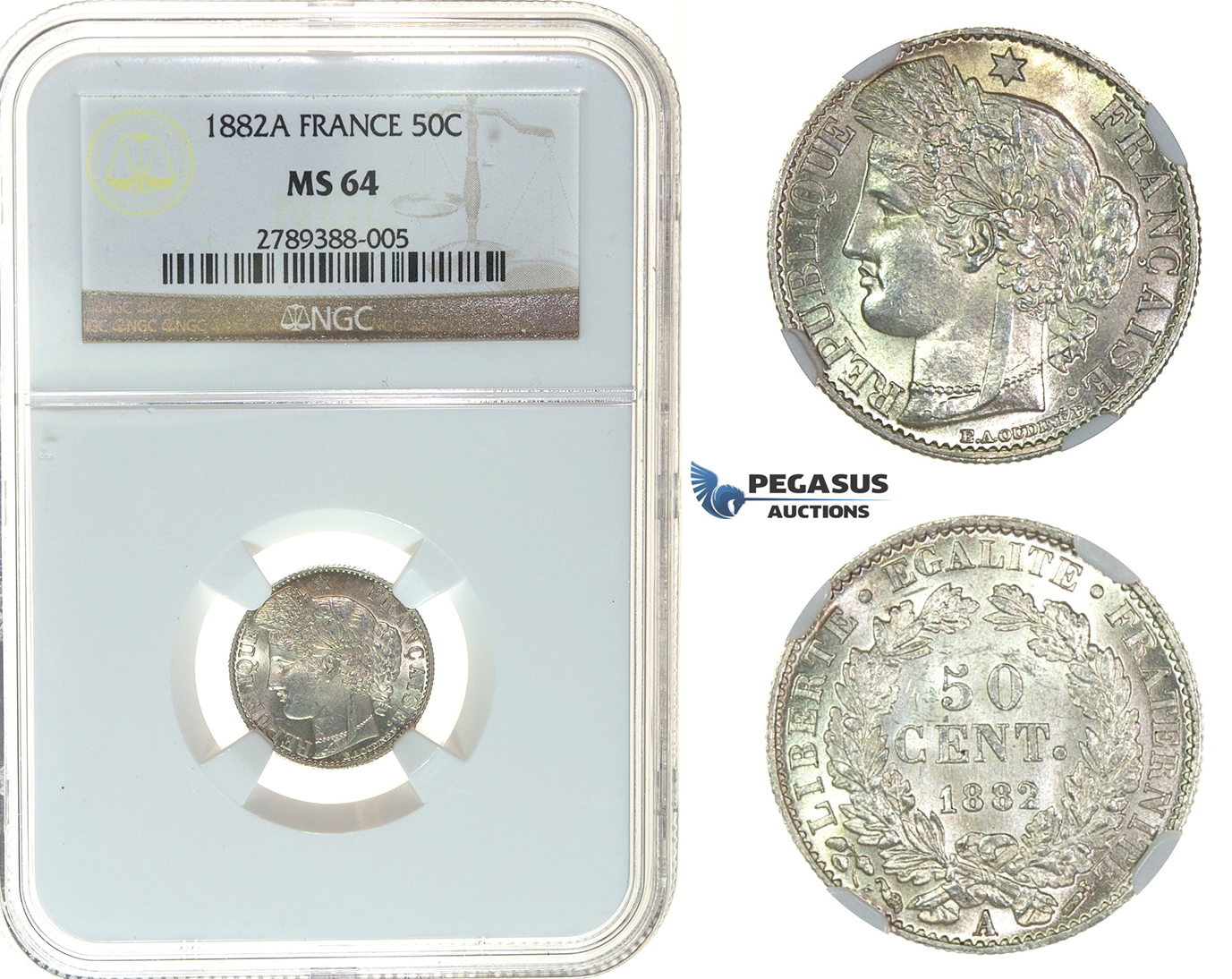 I64, France, 3rd Republic, 50 Centimes 1882-A, Paris, Silver, NGC MS64