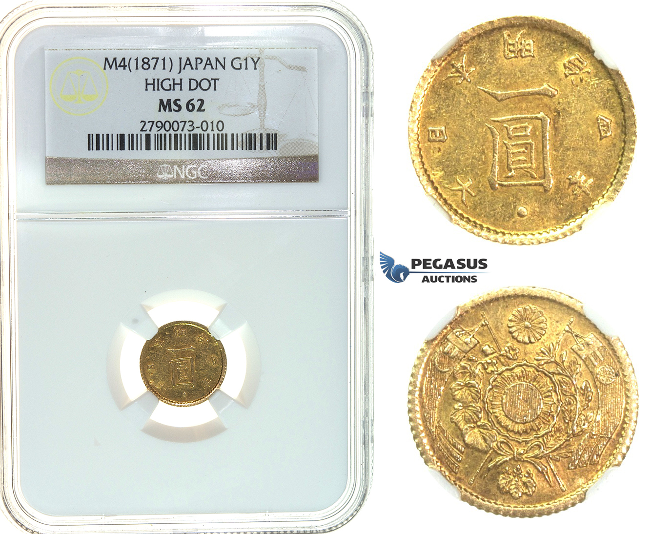 I68, Japan, Meiji, Yen Year 4 (1871) Gold, NGC MS62 (High Dot)