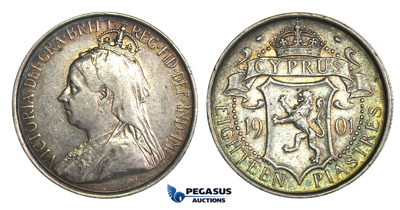 I89, Cyprus, Victoria, 18 Piastres 1901, Silver, Lovely orignial Toning!