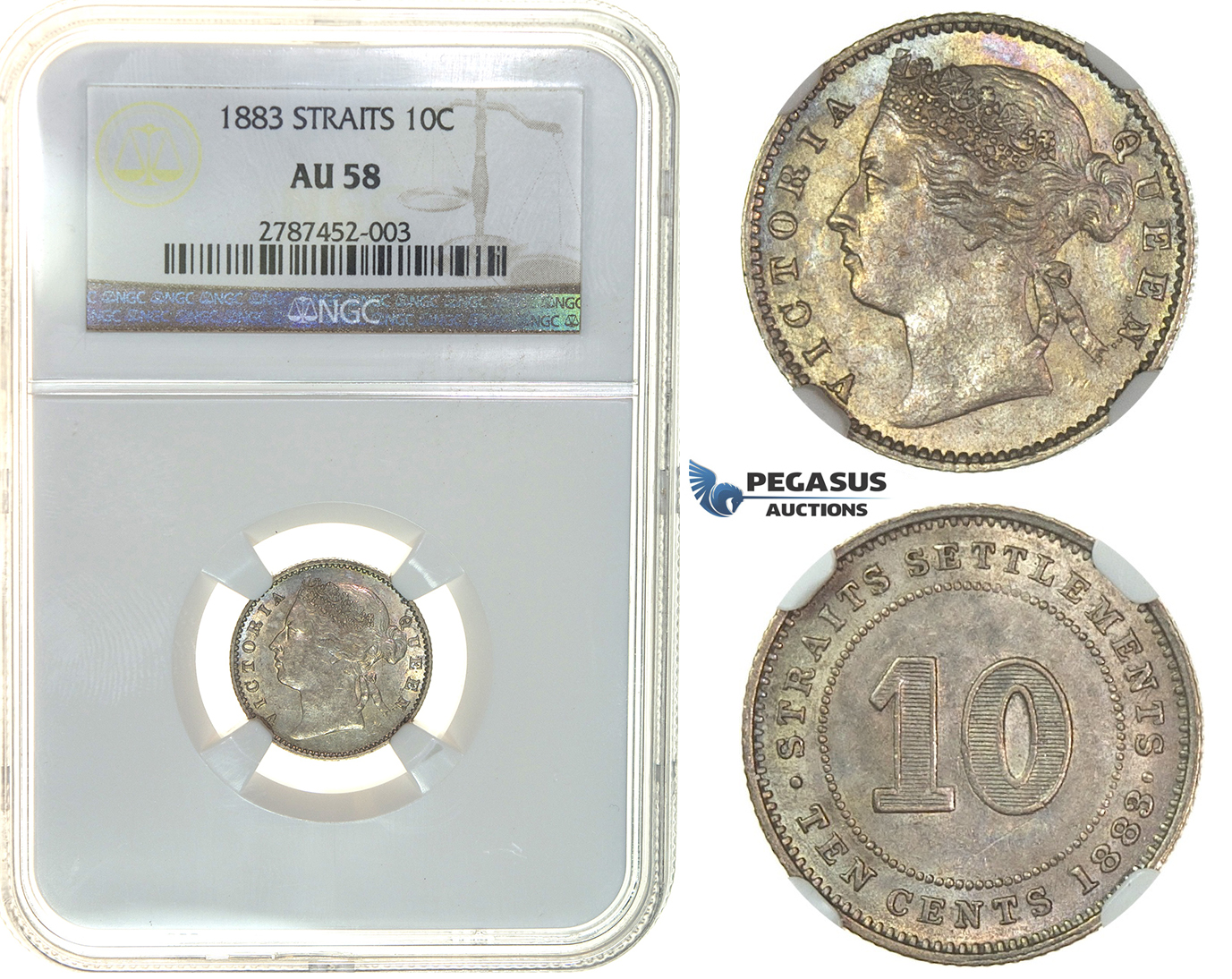 I91, Straits Settlements, Victoria, 10 Cents 1883, Silver, NGC AU58 (Pop 1/4, no better!) Rare!