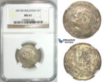 I96, Bulgaria, Ferdinand I, 1 Lev 1891-KB, Kremitz, Silver, NGC MS61, Rare!
