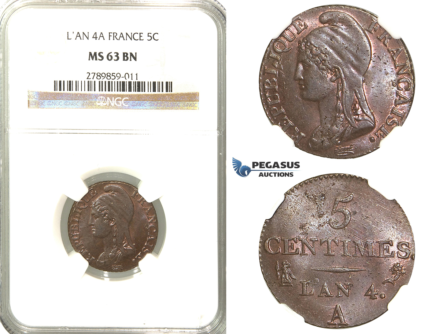 J03, France, 1st Republic, 5 Centimes L'An 4-A, Paris, NGC MS63BN (Only one better)