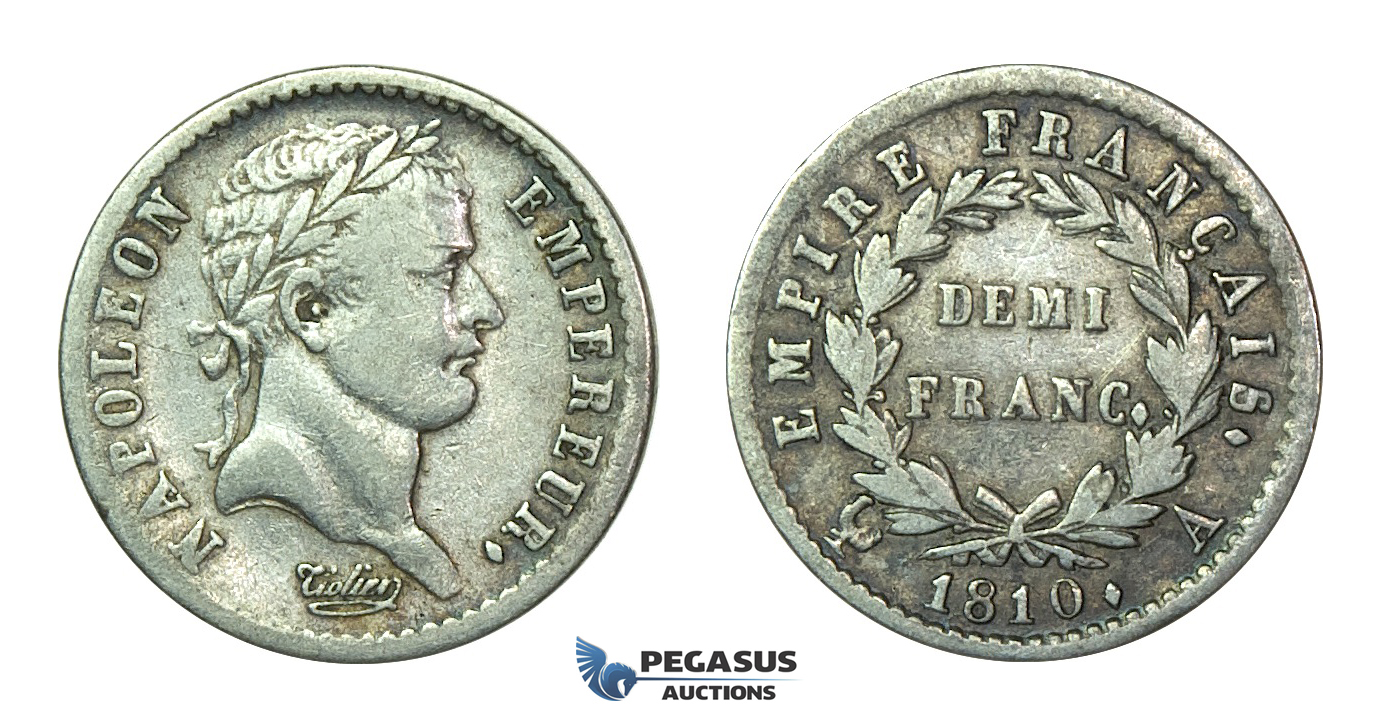 J04, France, Napoleon I, Demi Franc 1810-A, Paris, Silver (TB25)