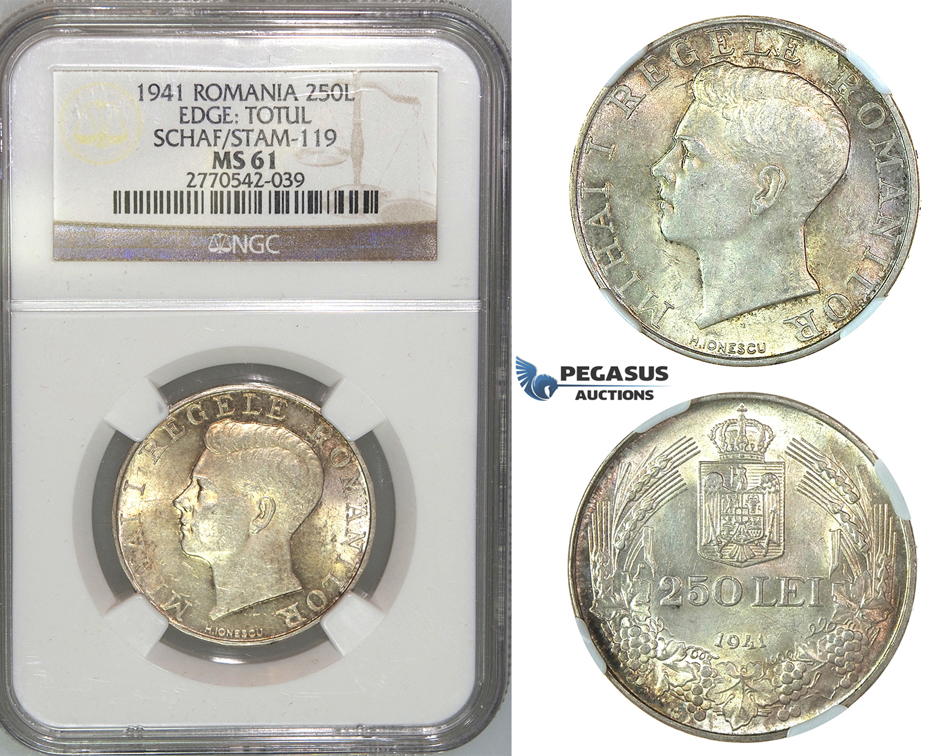 J13, Romania, Mihai I, 250 lei 1941 (TPT) Silver, NGC MS61