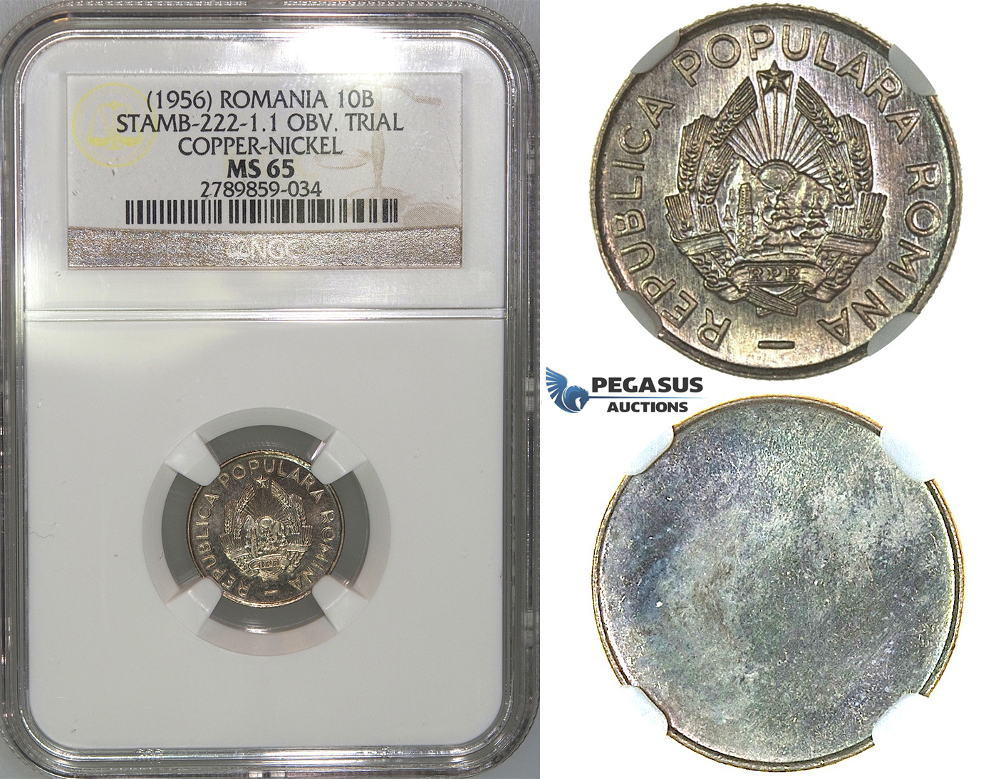 J16, Romania, Uniface Obv. Pattern 10 Bani 1956, NGC MS65, Rare!
