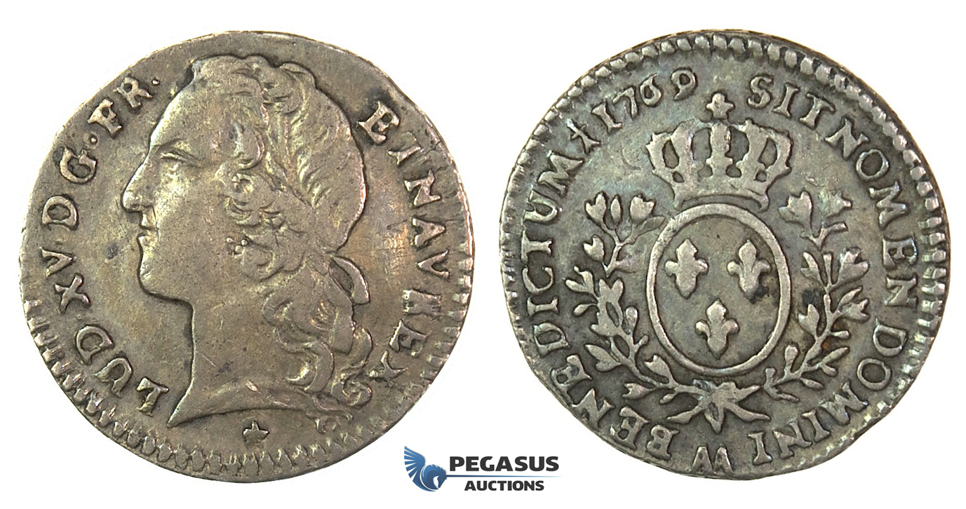 J44, France, Louis XV, 1/10 Ecu 1769-AA, Metz, Silver (2.92g) Nice toning!