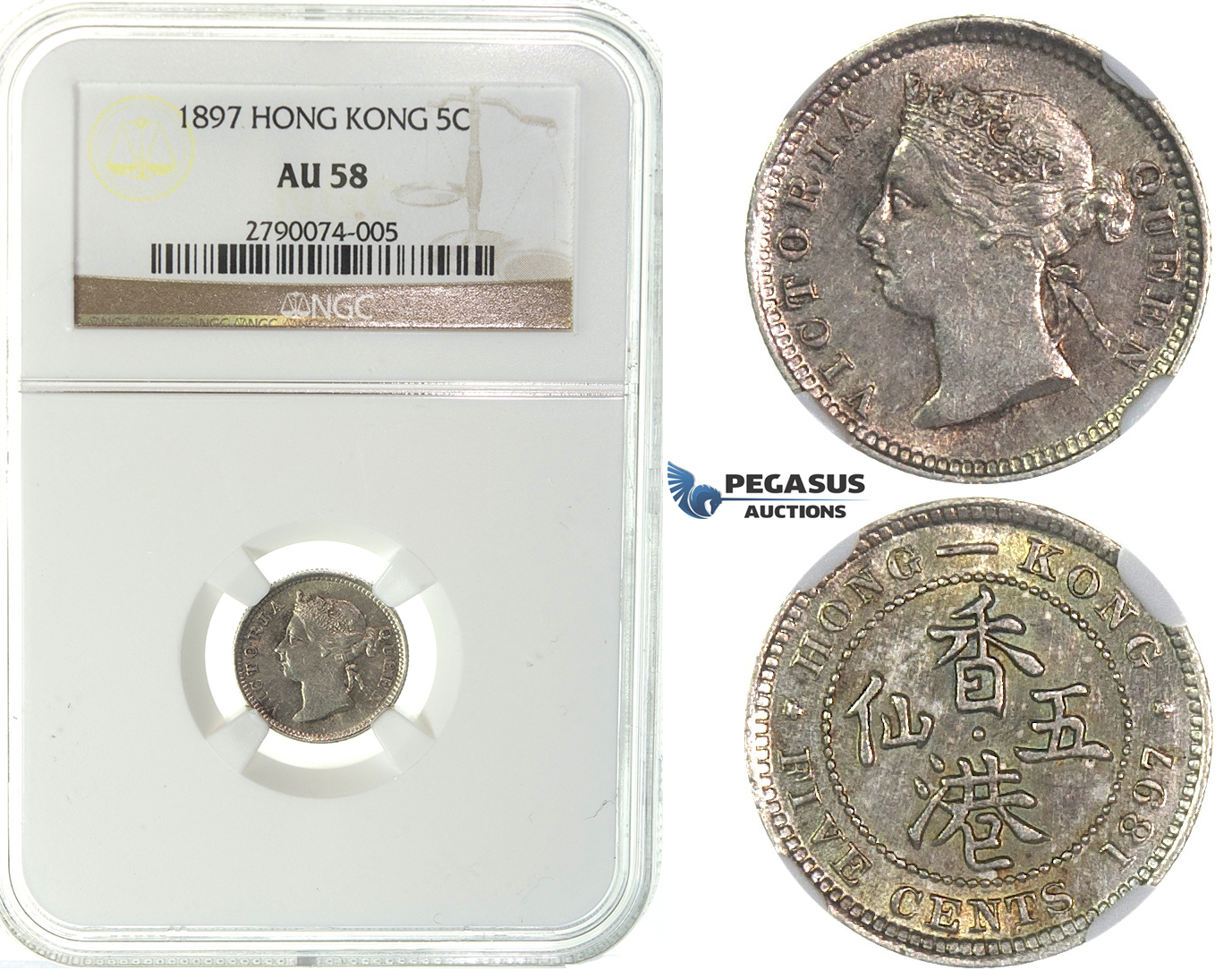 J47, Hong Kong, Victoria, 5 Cents 1897, Silver, NGC AU58