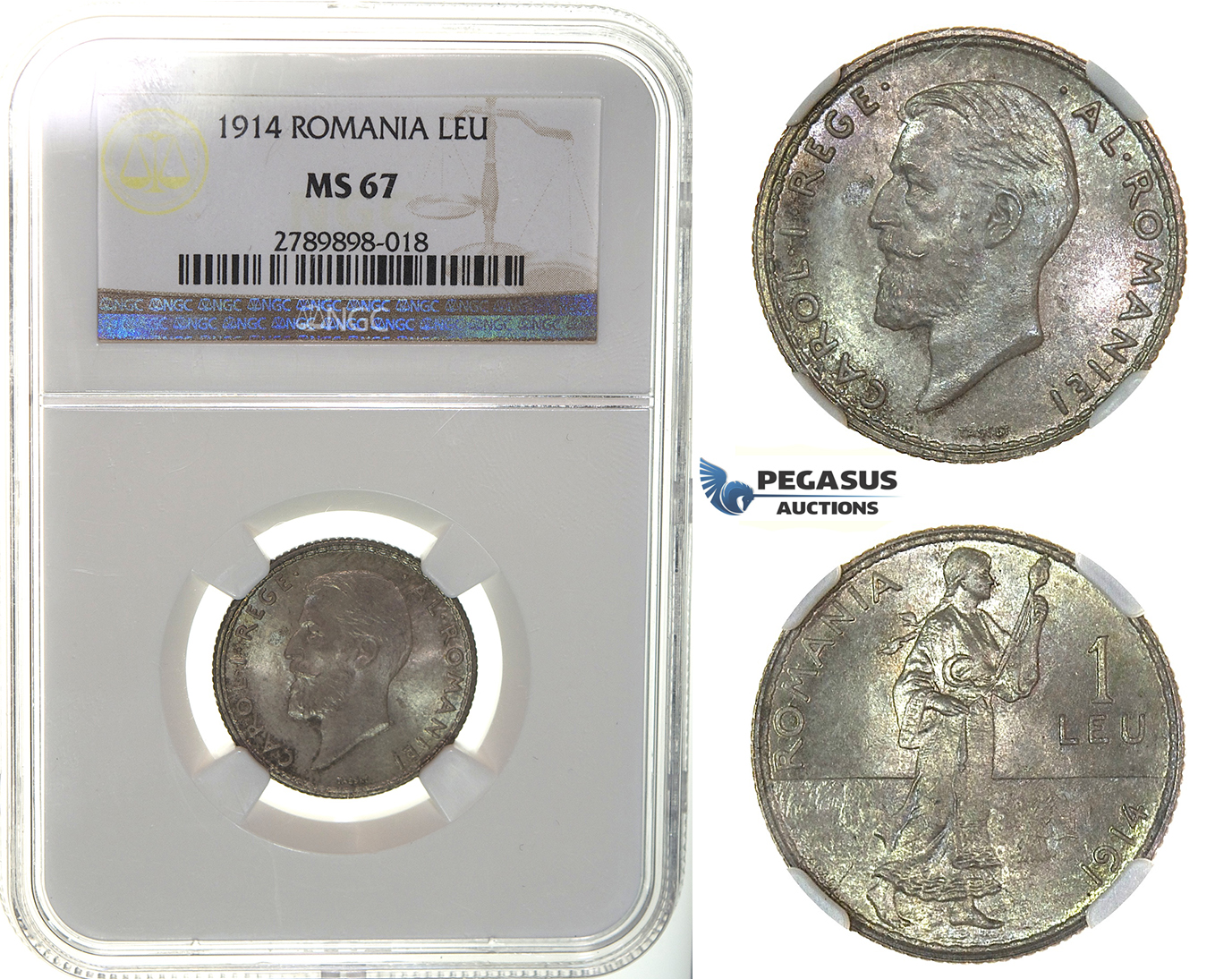 J56, Romania, Carol I, Leu 1914, Brussels, Silver, NGC MS67 (Pop 1/1, best!)