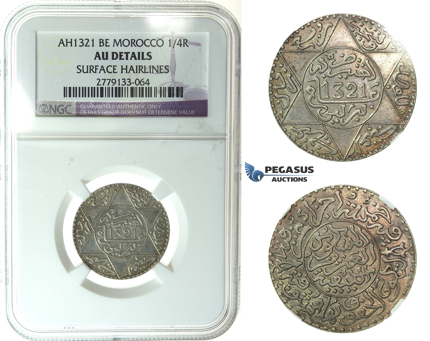 J69, Morocco, Abd al Aziz, 1/4 Rial AH1321, Berlin, Silver, NGC AU Det.