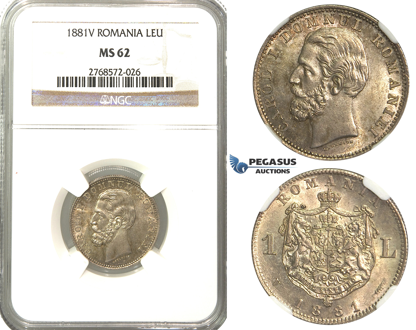 J71, Romania, Carol I, 1 Leu 1881-V, Vienna, Silver, NGC MS62