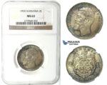 J74, Romania, Carol I, 2 Lei 1900, Hamburg, Silver, NGC MS63, Rainbow toning! Rare!