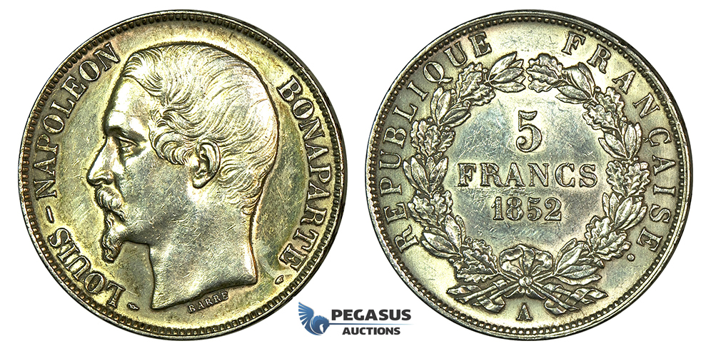 J87, Frace, Louis-Napoleon, 5 Francs 1852-A, Paris, Silver, High Grade (Cleaned)