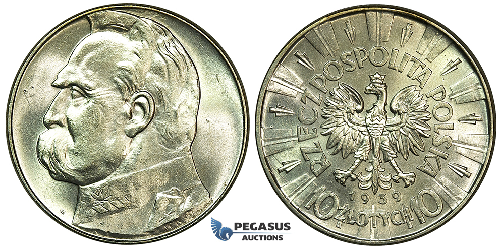 K03, Poland, 10 Zlotych 1939, Silver, UNC Details (Few hairline Scratches on Rev.)