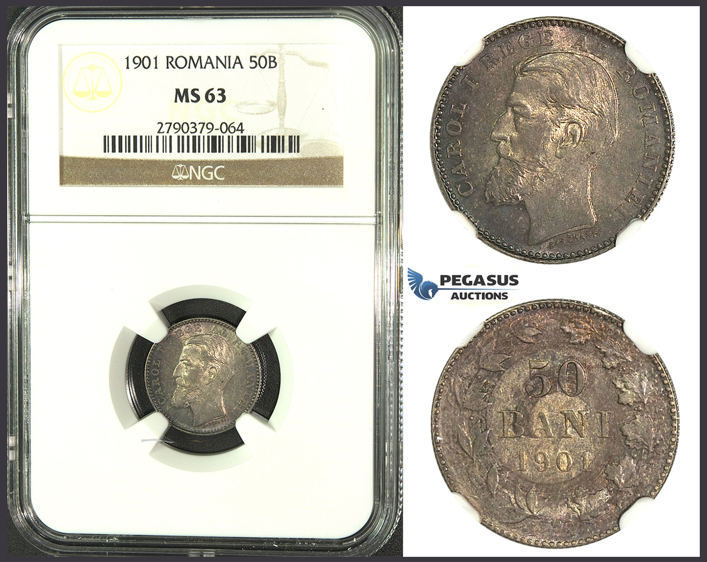 K05, Romania, Carol I, 50 Bani 1901, Hamburg, Silver, NGC MS63, Rare Grade!