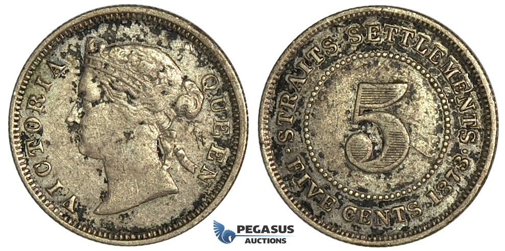 K10, Straits Settlements, Victoria, 5 Cents 1873, Silver, Nice & Uncleaned! Very Rare!