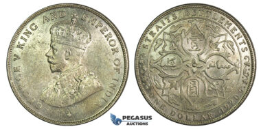 K12, Straits Settlements, George V, Dollar 1920, Bombay, Silver, High Grade!