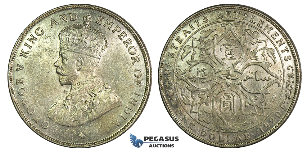 K12, Straits Settlements, George V, Dollar 1920, Bombay, Silver, High Grade!