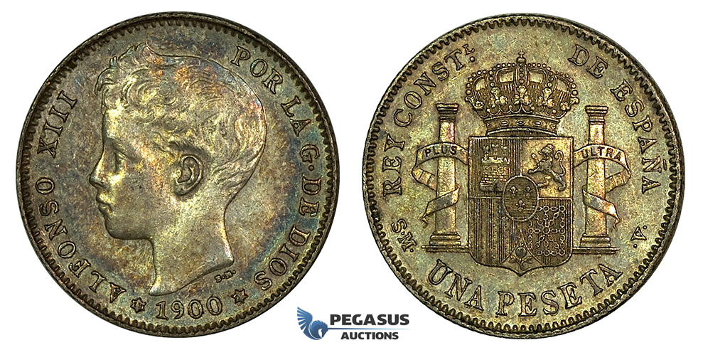 K13, Spain, Alfonso XIII, Peseta 1900 (00) SM-V, Silver, Toned High Grade!