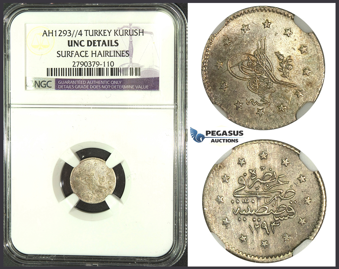 K14, Ottoman Empire, Turkey, Abdülhamid II, 1 Kurush AH1293/4, Silver, NGC UNC Det. Rare!