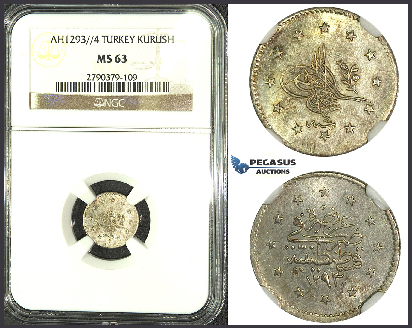 K15, Ottoman Empire, Turkey, Abdülhamid II, 1 Kurush AH1293/4, Silver, NGC MS63 (Pop 1/1, no better!) Very Rare!