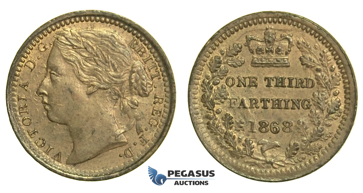 K73, Great Britain, Victoria, Third (1/3) Farthing 1868, AUNC Red