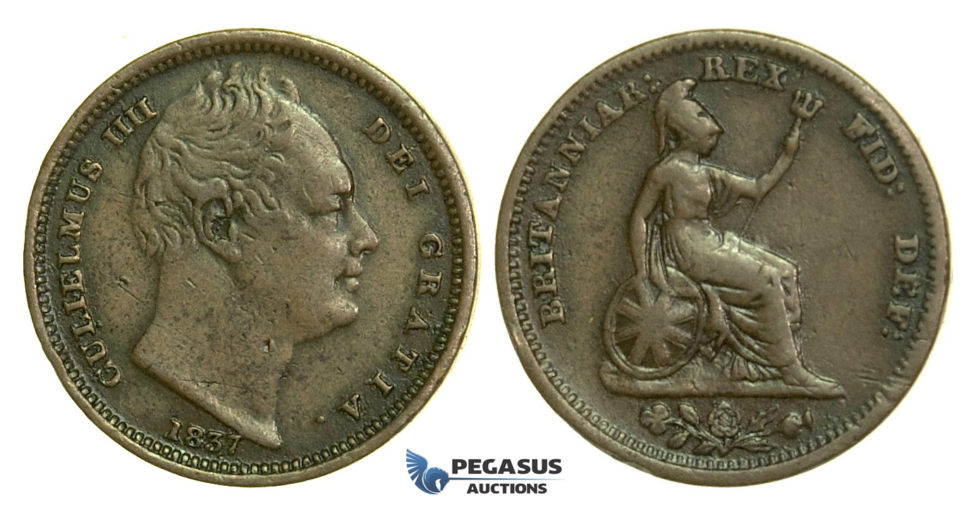 K75, Great Britain, William IV, Half (1/2) Farthing 1837, VF, Rare!