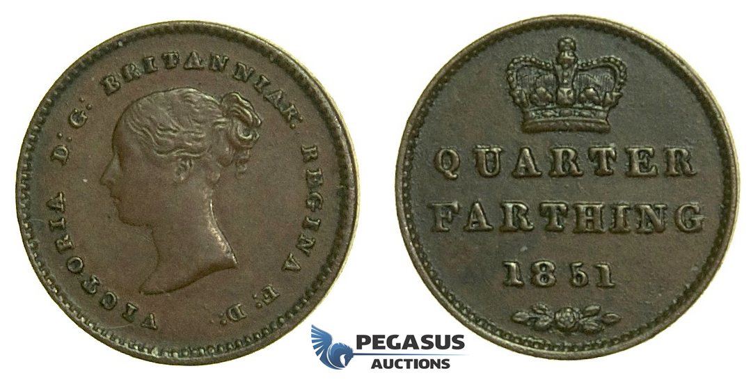 K81, Great Britain, Victoria, Quarter (1/4) Farthing 1851, GVF