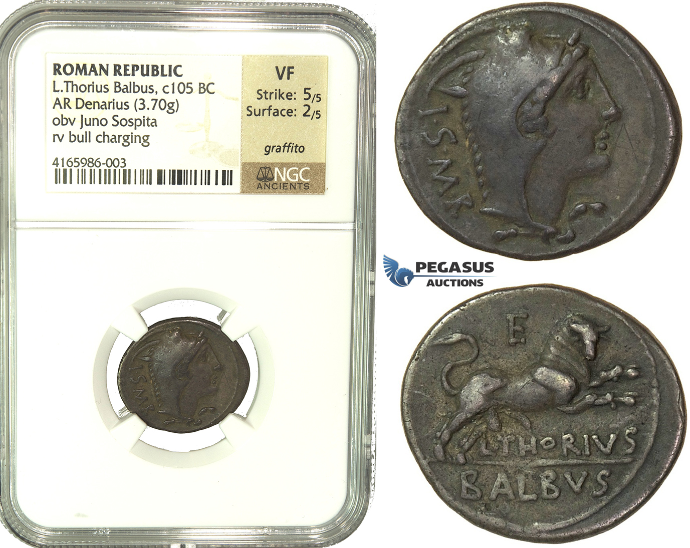 K84, Roman Republic, L. Thorius Balbus (c. 105 BC) AR Denarius (3.70g) 105 BC, Rome, NGC VF